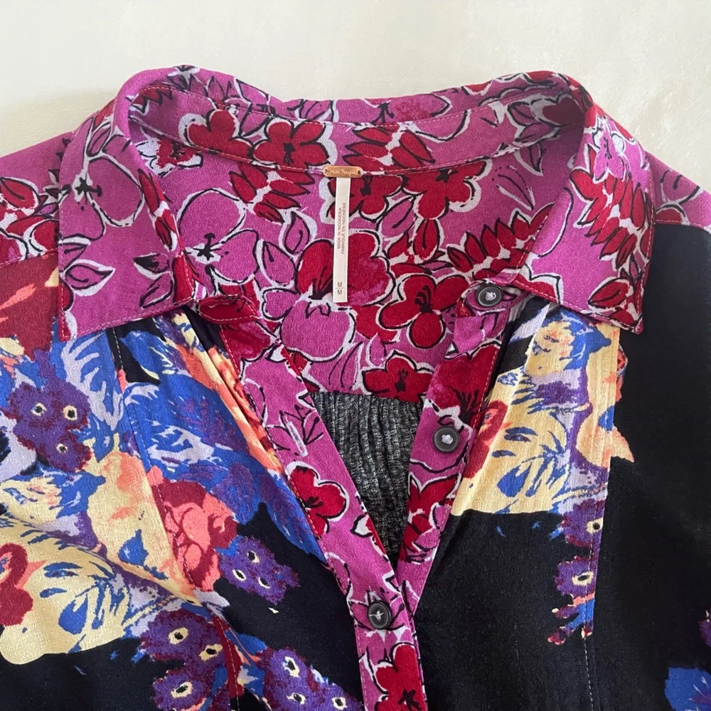 Free People Colorful Floral Long Sleeve Button-Up Dress or Oversized Blouse - Picture 4 of 8